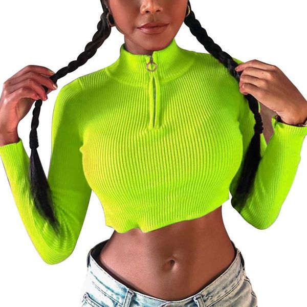 

fall women's solid rib knit crop sweatshirts long sleeve zipper stand collar slim fit sweatshirt female hoodies &, Black