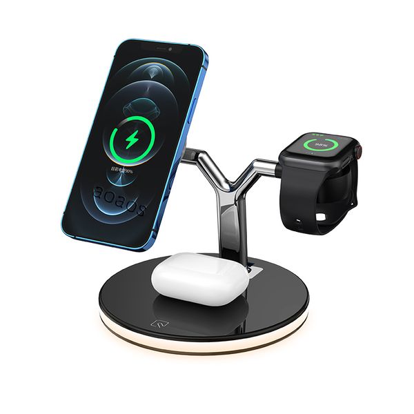 2021 Новейшие 15 Вт Быстрое магнитное беспроводное зарядное устройство 3 в 1 Magsafe с интеллектуальной светодиодной лампой для iPhone 12 Pro Max Smartphone Watch Airpods Pro