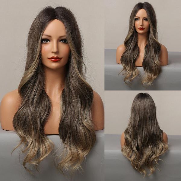 

synthetic wigs alan eaton middle part long wavy for women ombre black dark brown highlight wig cosplay daily heat resistant hair