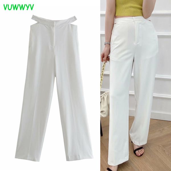 

vuwwyv white cut out wide leg pants women high waist office wear woman spring summer fashion streetwear trousers 210430, Black;white