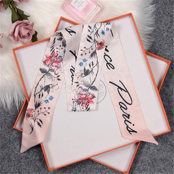 

scarves designer floral print ladies silk scarf tights satin ribbon female headband twill turban long and shawl b02, Blue;gray