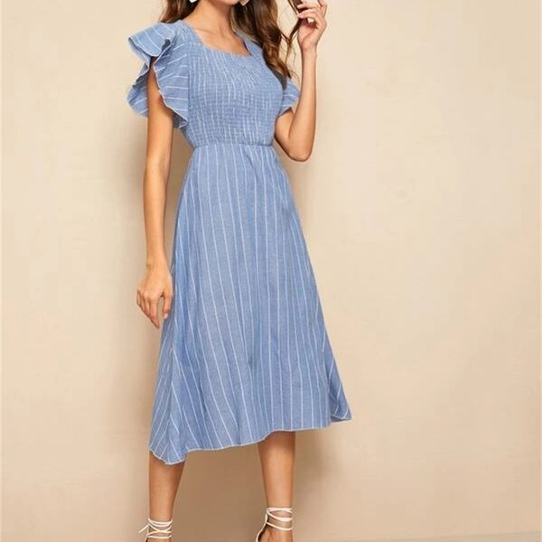 

sleeve 2020 ruffle new slim striped square collar denim dress, White;black