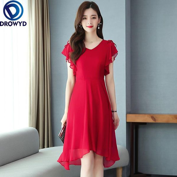 

casual dresses 2021 ruffle sleeveless summer for women red black elegant womne's dress solid feminine vestido midi -3xl, Black;gray
