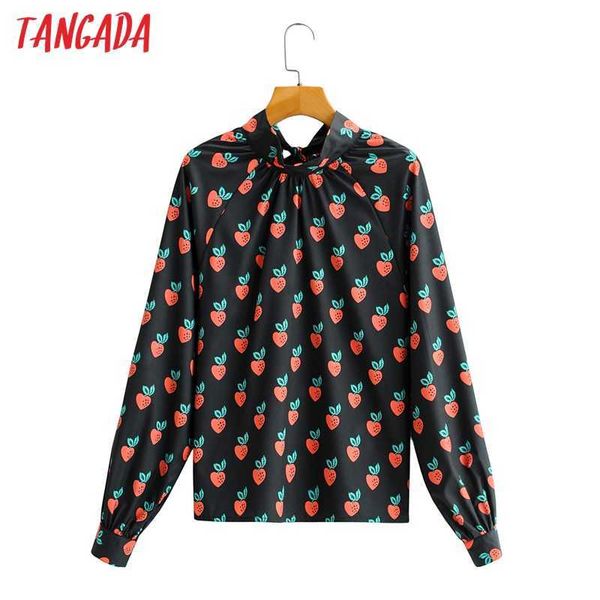 

tangada women retro fruit print stand neck bow blouse long sleeve chic female casual shirt 2f181 210609, White