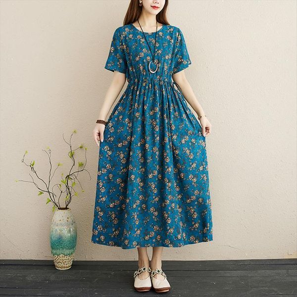 

arrival linen cotton loose women dress long summer print floral draw string slim travel casual midi vintage, Black;gray