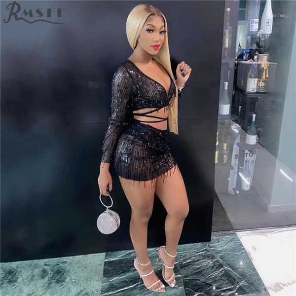 

european and american nightclub perspective fringed women's bag hip two-piece set tracksuits, Gray