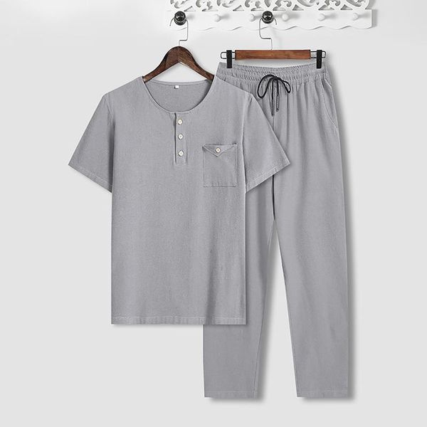

men's tracksuits tracksuit retro cotton linen short-sleeved t-shirt men loose pants two-piece suit clothing ropa hombre, Gray