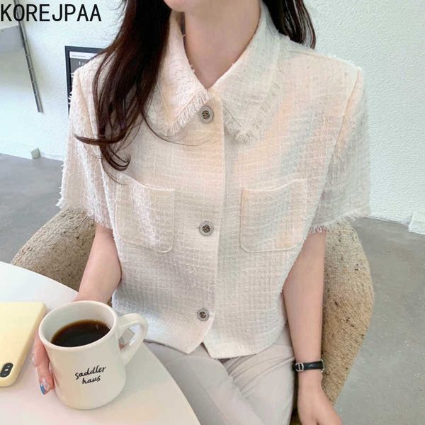 

korejpaa women jackets summer french elegant temperament lapel chic button fringe edge design pocket cardigan short jacket 210526, Black;brown