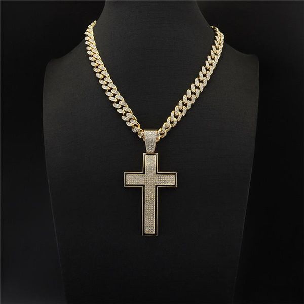 

hip 12mm 20" full rhinestone cuban chain choker necklace with cubic zircon cross pendant fashion jewelry drop necklaces, Silver