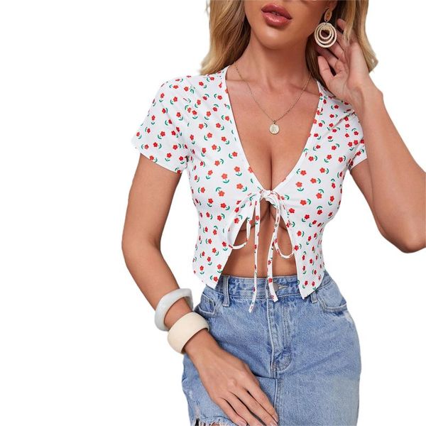 

women's t-shirt tie up crop , deep v neck short sleeve floral/fruit print open front shirts, White