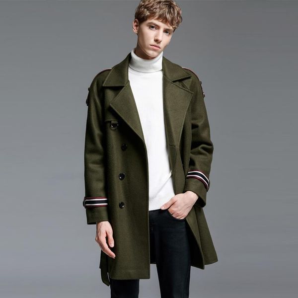 

men's wool & blends brand mens coats luxury double breasted thick jackets and autumn winter army green long style man trench, Black