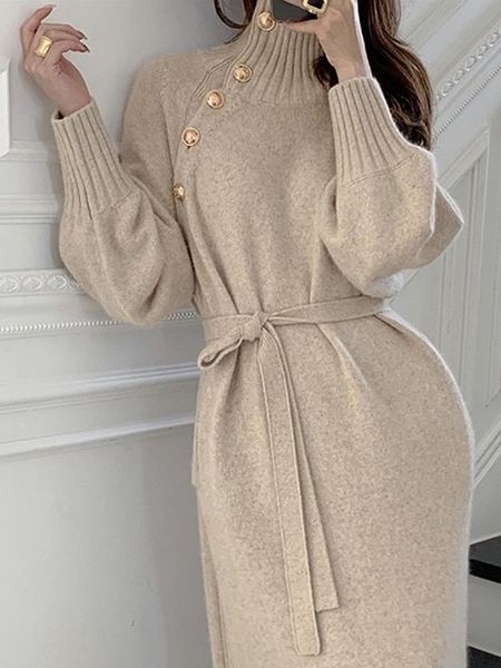 

casual dresses one piece stylish winter turtleneck button knitted dress women full sleeve thicken long sweater elegant slim woman, Black;gray
