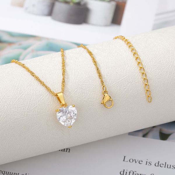 

stainless steel zircon heart pendant necklace lover clavicle choker gold chain valentine woman jewelry gift, Silver
