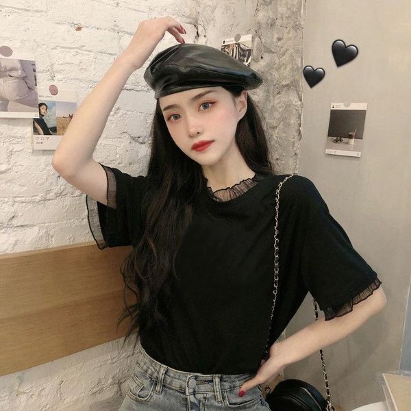 

women's t-shirt age reducing mesh stitching 2021 summer korean fake two loose and versatile short sleeve girl student top, White