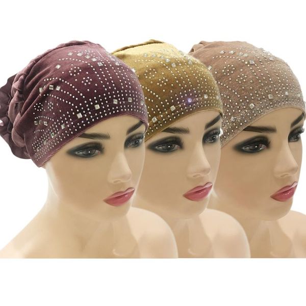 

ethnic clothing 3pc velvet stretch inner hijab caps muslim hat turban femme turbante ready to wear bonnet flower headwrap chemo cap, Red