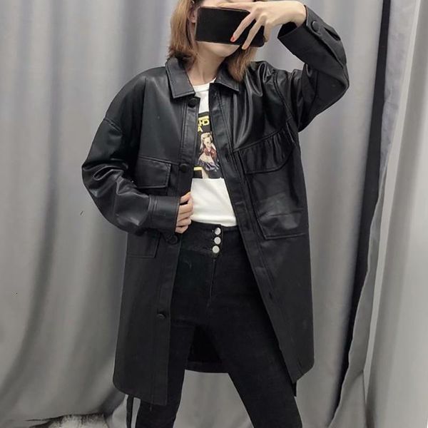 

casual dresses seebeautiful fashion spring 2021 shirt type lapel long sleeve single breasted belt pockets pu leather loose dress woman q708, Black;gray