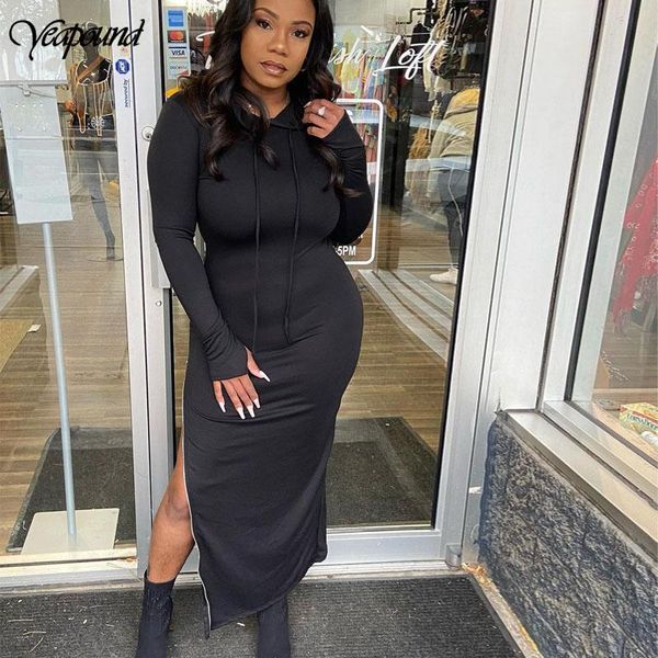 

women's casual loose long sleeve hoodies autumn solid color sweatshirt side zipper split dress dresses, Black;gray