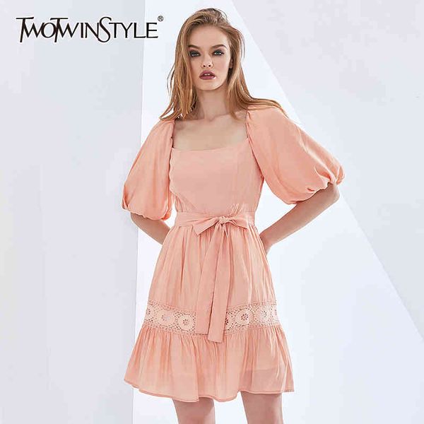 

bow elegant women's dress square collar puff sleeve high waist blet dresses for female summer womens clothing 210423, Black;gray