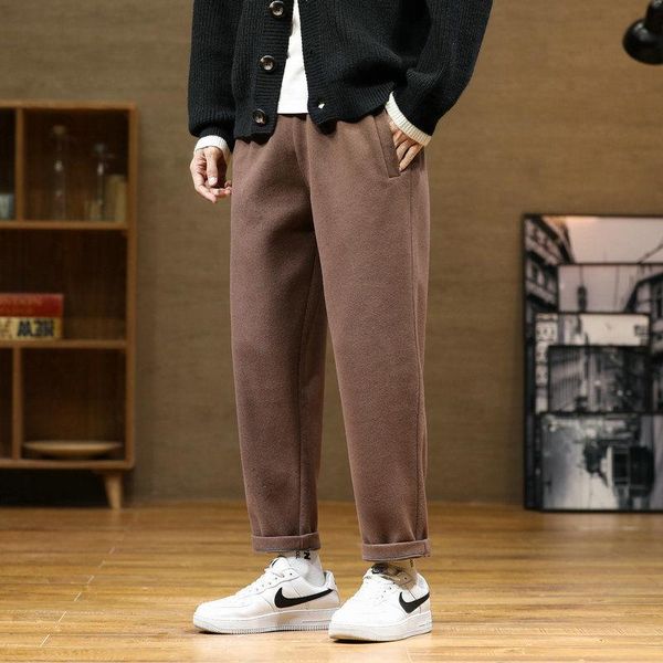 

korean style straight trousers mens autumn and winter woolen pants men's fashion retro casual men streetwear wild loose, Black