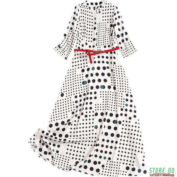 

spring summer nice quality arrival fashion womens contrast color polka dot print long chiffon dress with belt casual dresses, Black;gray
