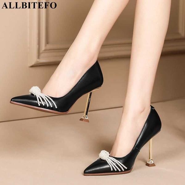 

allbitefo size 33-42 string bead design genuine leather women high heels golden heel fashion women heels super high heel shoes 210611, Black