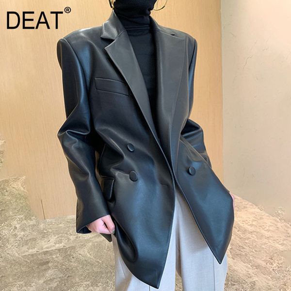 

v-neck collar small suit double breasted long sleev solid black leather jacket women office lady style spring gx212 210421