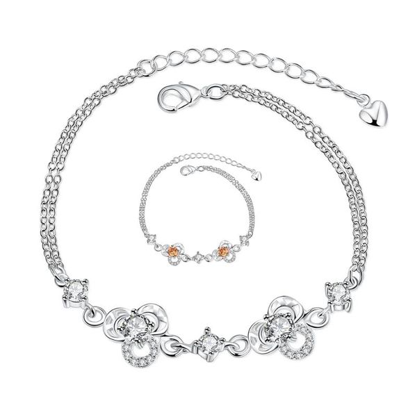 

charm bracelets korea small sweet clover lady bracelet women lucky chain white zircon silver plated jewelry wholesale, Golden;silver