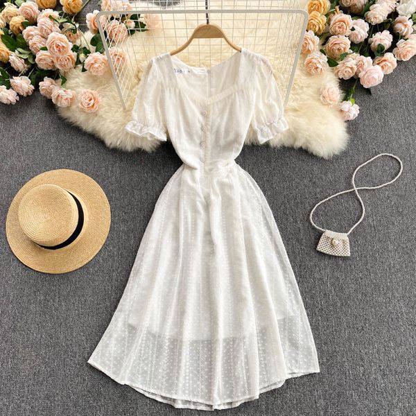 

casual dresses korean white square collar short sleeve party fairy women high waist a line vintage long robe summer 2021 8gaf, Black;gray