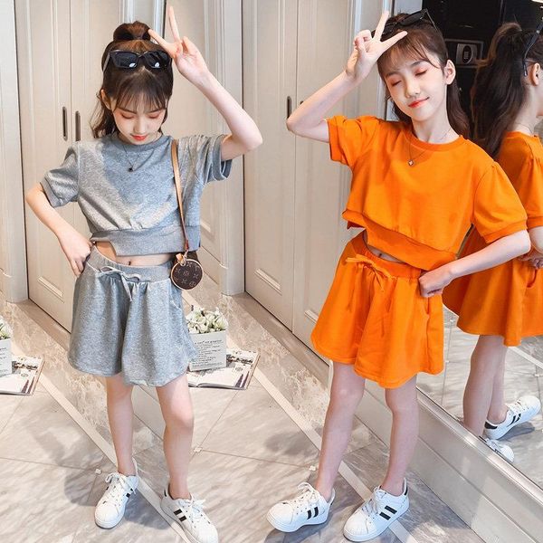 

clothing sets summer casual style fashion clothes set short sleeve sweatshirt pant two piece grey orange sport suit korea for children, White
