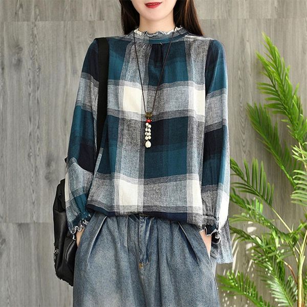 

women's blouses & shirts arrival spring arts style women long sleeve loose casual plaid blouse femme vintage cotton linen v20, White