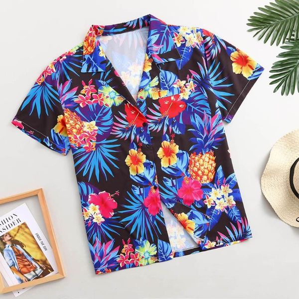 

men's casual shirts hawaiian aloha shirt for men floral printed short sleeve button summer vintage holiday beach chemise homme, White;black