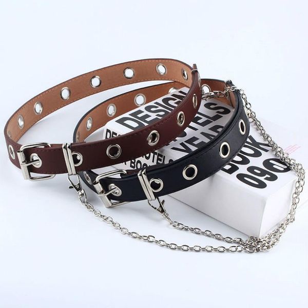 

belts women punk chain fashion belt adjustable black double/single eyelet grommet leather buckle, Black;brown