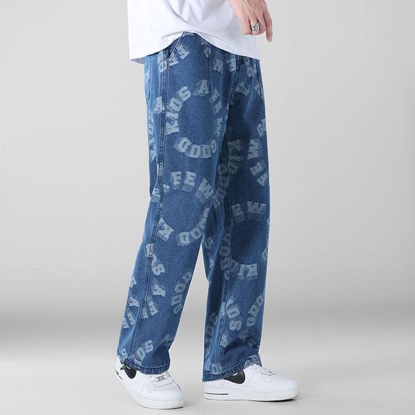 

men's jeans blue plus size trend printed letter loose men autumn winter trousers oversize casual denim pants hiphop streetwear jean
