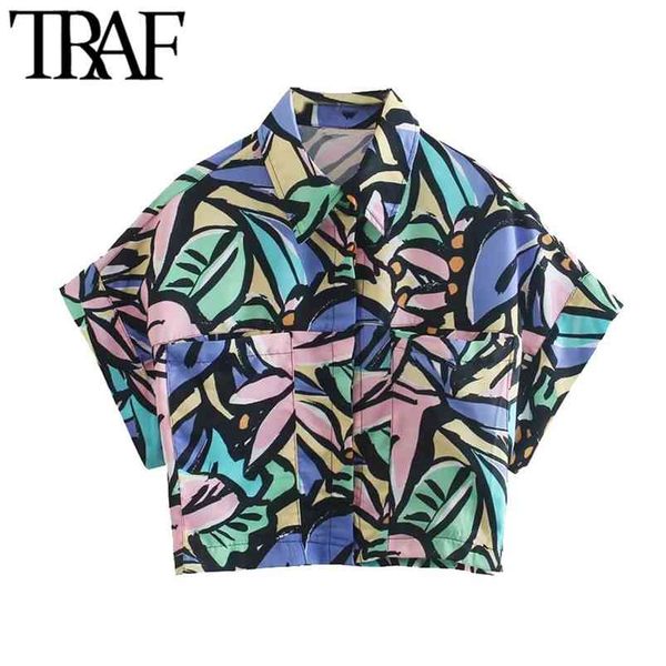 

women fashion with pockets printed loose cropped blouses vintage short sleeve button-up female shirts chic 210507, White