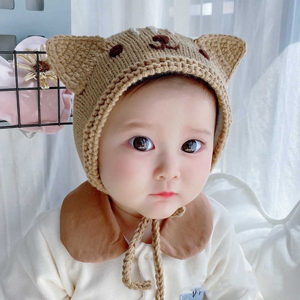 3-15M Toddler Baby Girl Boy Cappello lavorato a maglia Skullies Berretti Cute Cat Lace Up Hat Inverno caldo spazzolato Cappelli e berretti per bambini Accessori 210713