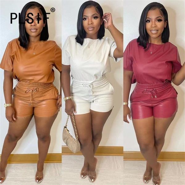

women's tracksuits women faux leather solid color short sleeve round neck jacket with pocket pants street fashion casual shorts set aut, Gray