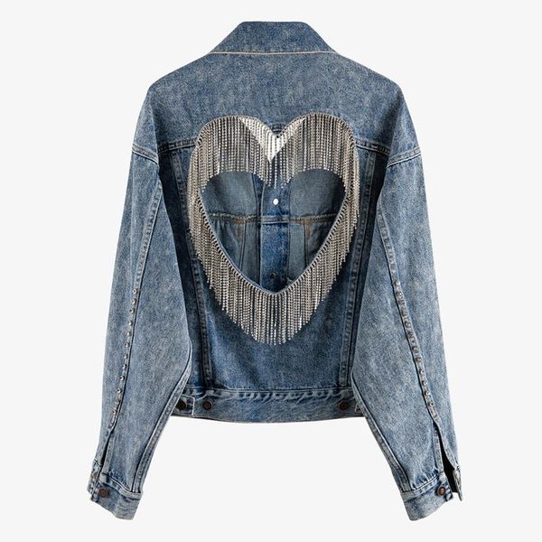 

women's jackets yuzacdwx backless heart shape hollow out fringe denim jacket women long sleeve loose tassel jeans coat muj, Black;brown