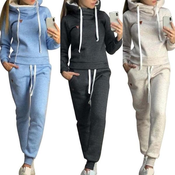 

women's two piece pants 2pcs autumn winter women jogging suit solid color tracksuits fleece lined hoodies 2 set suits drop, White