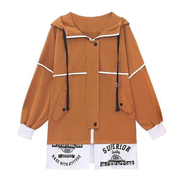 

women's trench coats european goods fake two women fall 2021 loose thin hooded windbreaker korean baseball suit, Tan;black