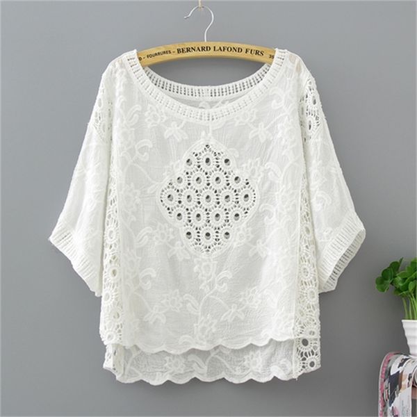

women blouse shirt summer lace floral o-neck female short sleeve solid white color women's clothing blusas 0316 40 210521