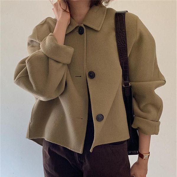 

women's wool & blends 2021 autumn winter women short coat vintage single breasted woolen overcoat female outerwear, Black