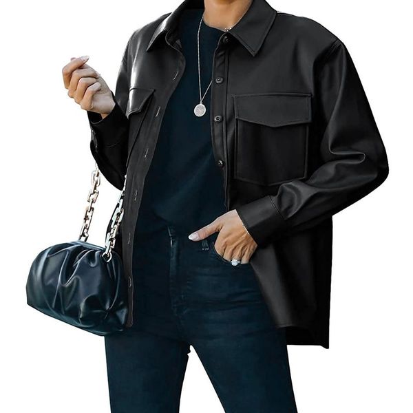 

women's jackets autumn pockets buttons women faux leather jacket biker coat turn down collar pu motorcycle loose streetwear outerwear 4, Black;brown