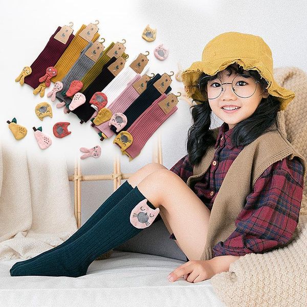 

pair spring autumn baby girls long socks children cartoon animal fruit solid color, Pink;yellow