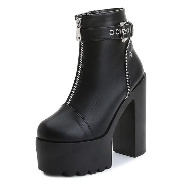 

boots women platform buckle zip ankle round toe motorcycle soft leather chunky high heel shoes to wife girlfriend g0025, Black
