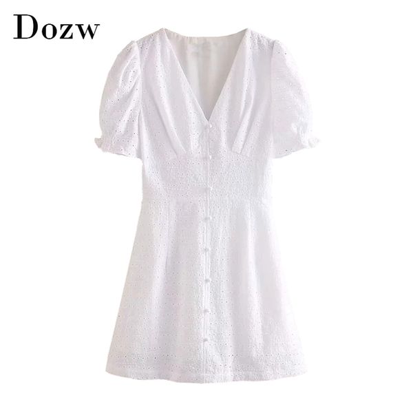 Белые Вышитые хлопчатобумажные мини-платья Женщины Rootrouch с коротким рукавом CHIC ES LEAT VE VELE Party Robe Femme 210515