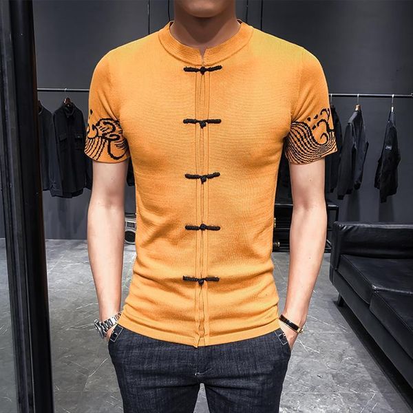 

knitting sweater chinese style men t shirts button sleeve side jacquard weave man self cultivation short camisetas hombre, White;black