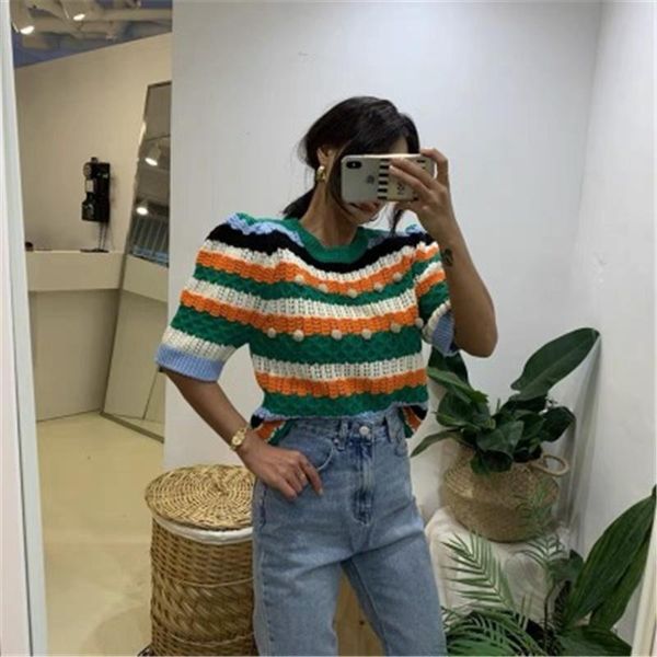 

women's sweaters short fall korean o-neck wide-shoulder half sleeves colorful hit color stripe knit pullovers females sweet cute, White;black