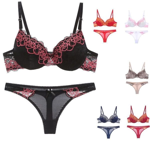 

original brand underwear plus size 32-40 embroidery floral large cup bra and brief set for women a b c ,bra and thong set, Red;black