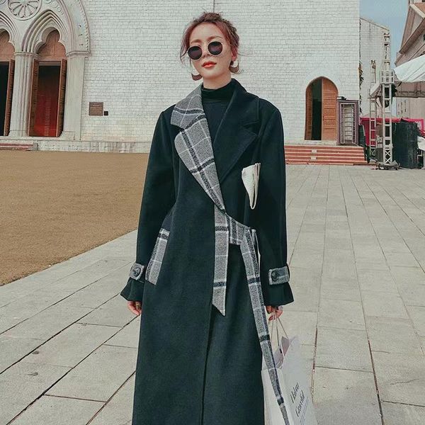 

women's wool & blends autumn winter long over-the-knee design sense plaid stitching korean woolen coat western style trend jacket femal, Black