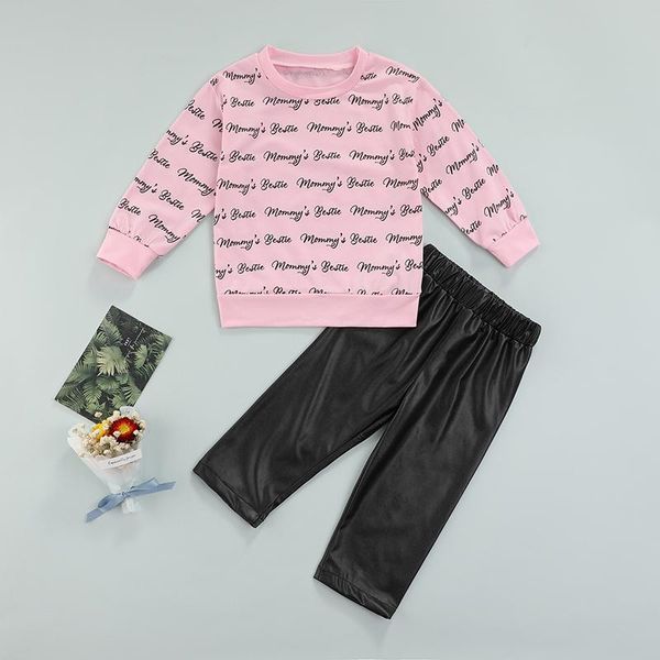 Set di abbigliamento 2 pezzi Completi casual per neonati Ragazze Stampa lettera Manica lunga Felpa girocollo Pantaloni di pelle Autunno Primavera Autunno Bambina S